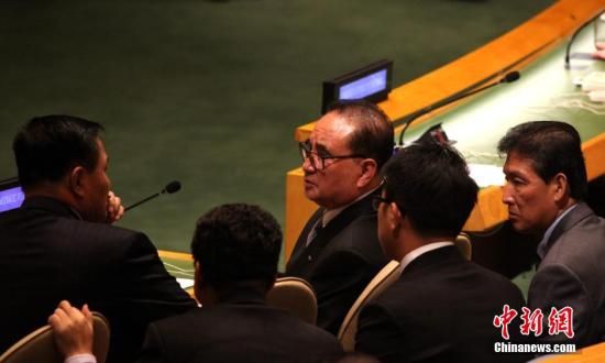 资料图：当地时间2014年9月23日，朝鲜外相李洙墉（前左二）出席在纽约联合国总部举行的联合国气候变化峰会。中新社发 李洋 摄