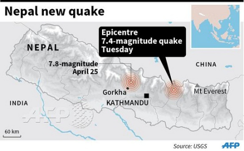 据中国地震台网正式测定，北京时间5月12日15时05分，尼泊尔发生7.5级地震。(法新社)