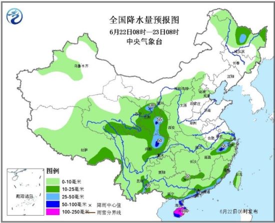 全国降水量预报图(6月22日08时至23日08时)