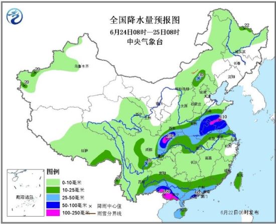 全国降水量预报图(6月24日08时至25日08时) 全国降水量预报图(6月24日08时至25日08时)