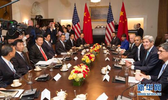 9月25日，国家主席习近平在华盛顿同美国总统奥巴马举行会谈。新华社