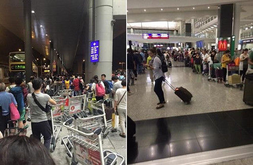 受台风影响，香港机场塞满大批乘客