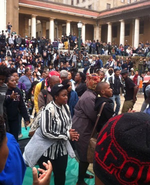 Students and workers hold a mass meeting at UCT to demand that students who were suspended, interdicted or expelled for #feesmustfall related protests be allowed to return immediately. (Jenna Etheridge, News24)