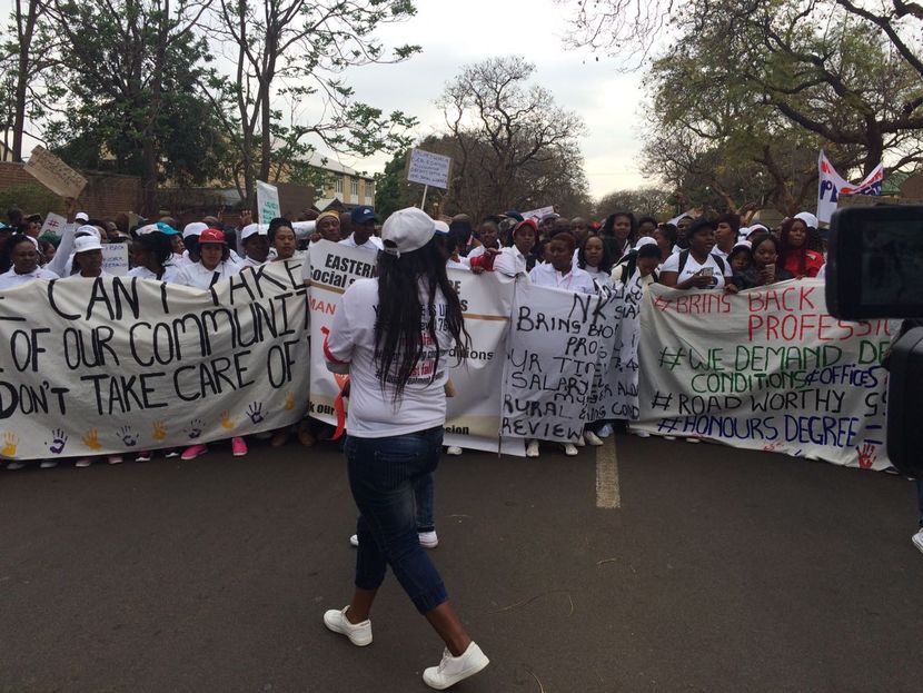 Thousands of Social Workers from all corners of the country have gathered at the union buildings to hand over a memorandum of demands to the presidency. Some have come as far as Limpopo and the Eastern Cape in buses. Picture Credit: Julia Madibogo