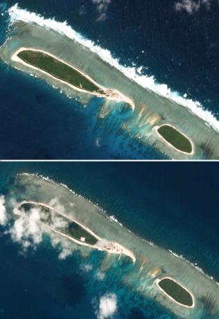 2017年2月15日和3月6日的组合卫星图像所显示的西沙群岛北岛。（来源：路透社）