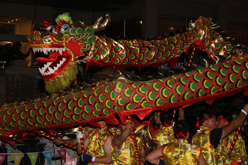 2017年3月18日晚，南非立法首都开普敦举行一年一度的狂欢节，当地华人首次参加，图为当地华人表演舞龙。（新华社记者高原摄）