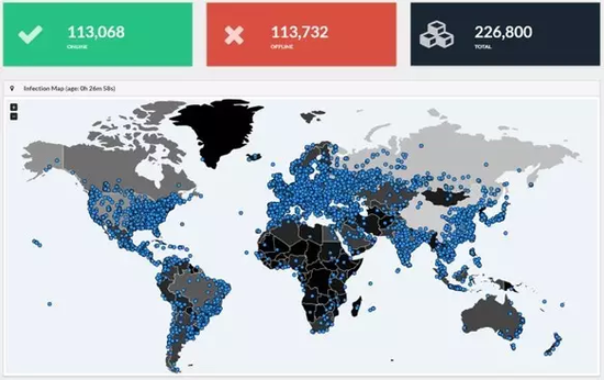 病毒攻击扩散，24小时内感染地图   图据推特