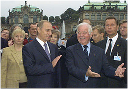 　佐罗托夫（右一）2001年陪伴普京赴德出席活动。
