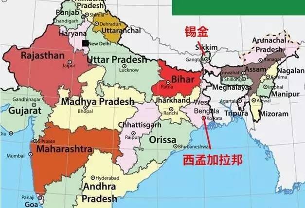 锡金与西孟加拉邦的地理位置图 。注：图中右上方虚线内为印度非法侵占的藏南地区。