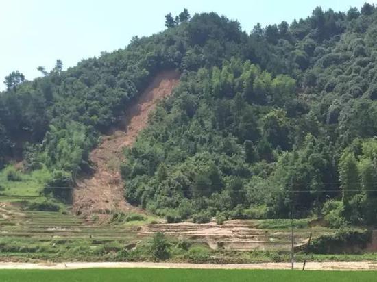 村子背后的山上，被大雨撕下的“伤疤”。