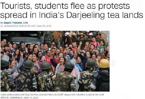  CNN在6月23日报道称，在印度西孟加拉邦的大吉岭地区，廓尔喀人的抗议导致游客和学生逃离此地。