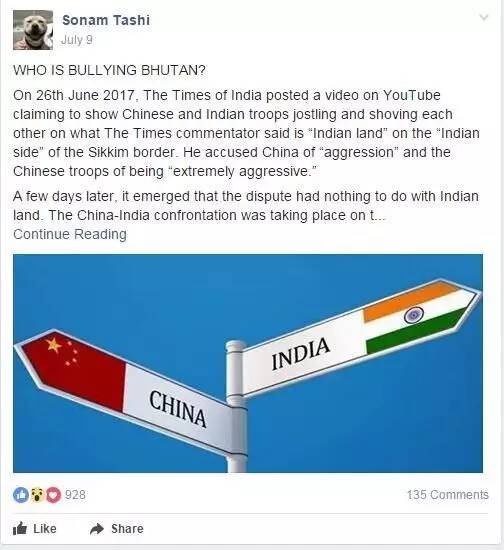 ▲图这张图是facebook上一个不丹人的组群里，一个用户在7月9日的时候写的一篇怒斥印度的文章，说印度才是在欺凌不丹的那个施暴者，这个文章获得了928个点赞。