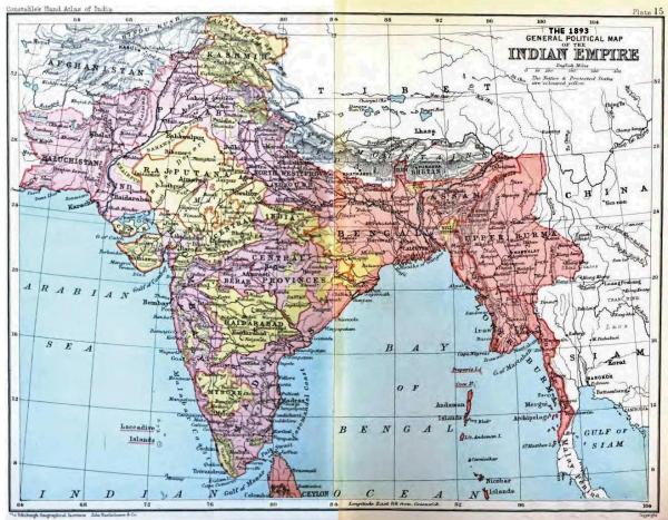 英国占领缅甸后，将其纳入英属印度之一省，并有意鼓励印度穆斯林劳动力迁徙到若开地区。这是1893年的英属印度帝国的政治版图。