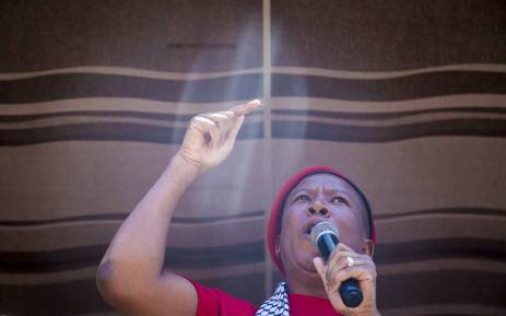 Economic Freedom Fighters (EFF) President Julius Malema address protesters gathered outside the Israel Embassy in Pretoria. Picture: Thomas Holder/EWN.