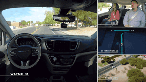 Waymo测试无人驾驶：没有安全员坐在司机的位置上，乘客坐在后排。 图片来源：Techcrunch