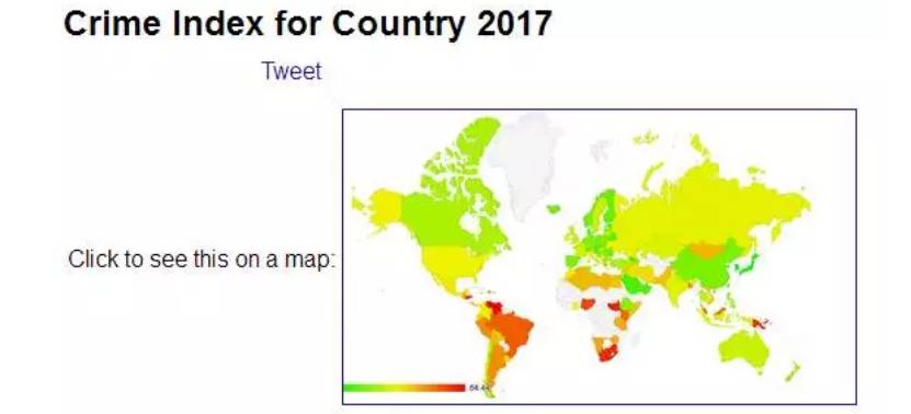 图为2017年各国犯罪指数 | 数据来源 NUMBEO