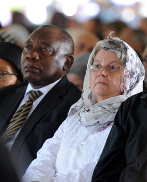 Barbara Hogan and Deputy President Cyril Ramaphosa at Ahmed Kathrada's funeral service in Johannesburg. (Felix Dlangamandla, Netwerk24)