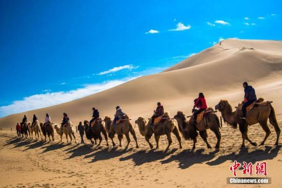 2月19日，游客骑骆驼畅游敦煌鸣沙山。 王斌银 摄
