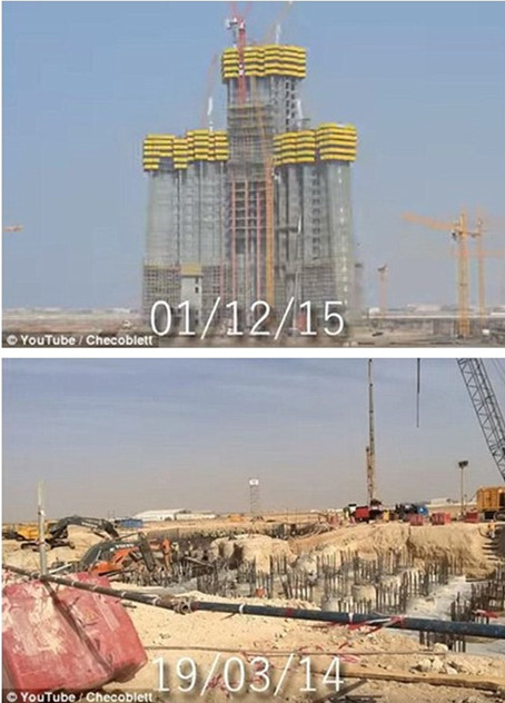 2015年和2014年，吉达塔建筑现场对比。（图片来源：《每日邮报》）