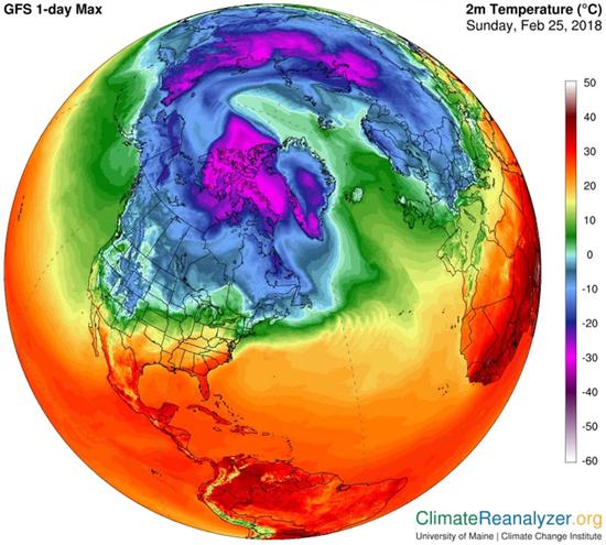 2月25日北极气温模型分析。（图源：华盛顿邮报）