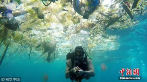 当地时间2018年3月3日，一名英国男子在巴厘岛海域潜水时拍下触目惊心的一幕。海洋中漂浮着大量塑料垃圾：瓶子、袋子、杯子、桶、吸管等等，鱼类及其他海洋生物都避之而不及。 图片来源：视觉中国