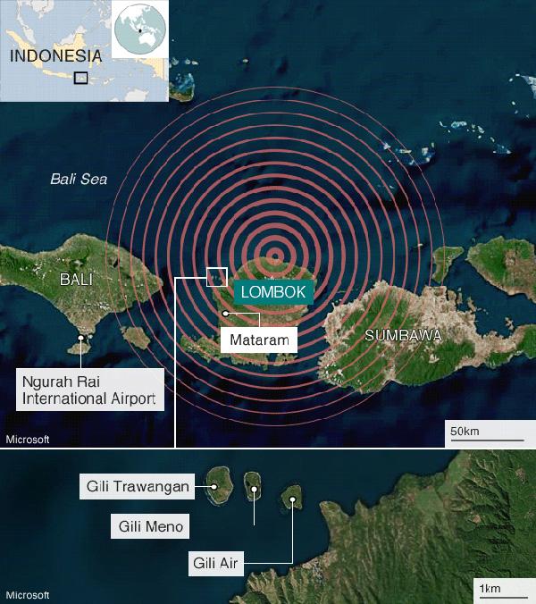 印尼龙目岛（Lombok）、巴厘岛（Bali）以及吉利（Gili）三岛的位置图