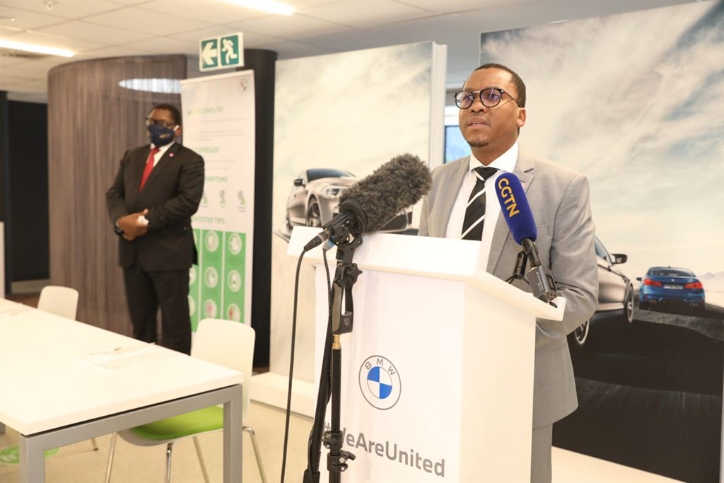 Gauteng Health MEC Bandile Masuku speaking at BMW SA in Midrand, Johannesburg.