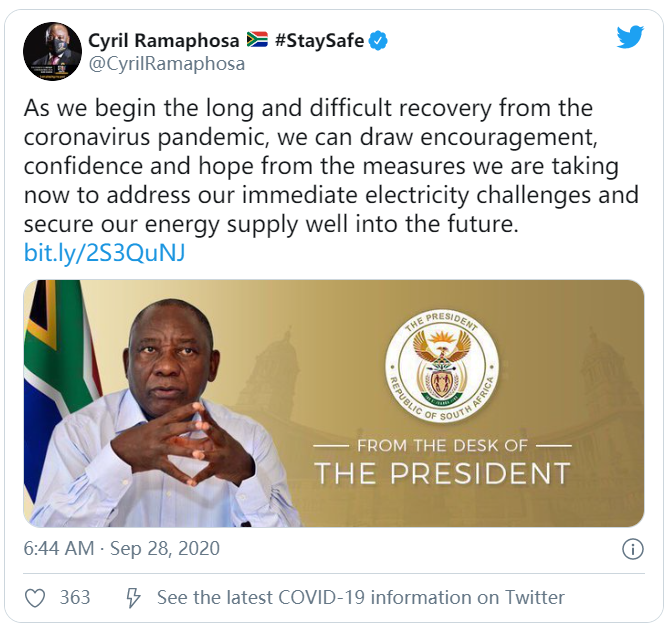 南非总统承诺将电力容量提高30%以上