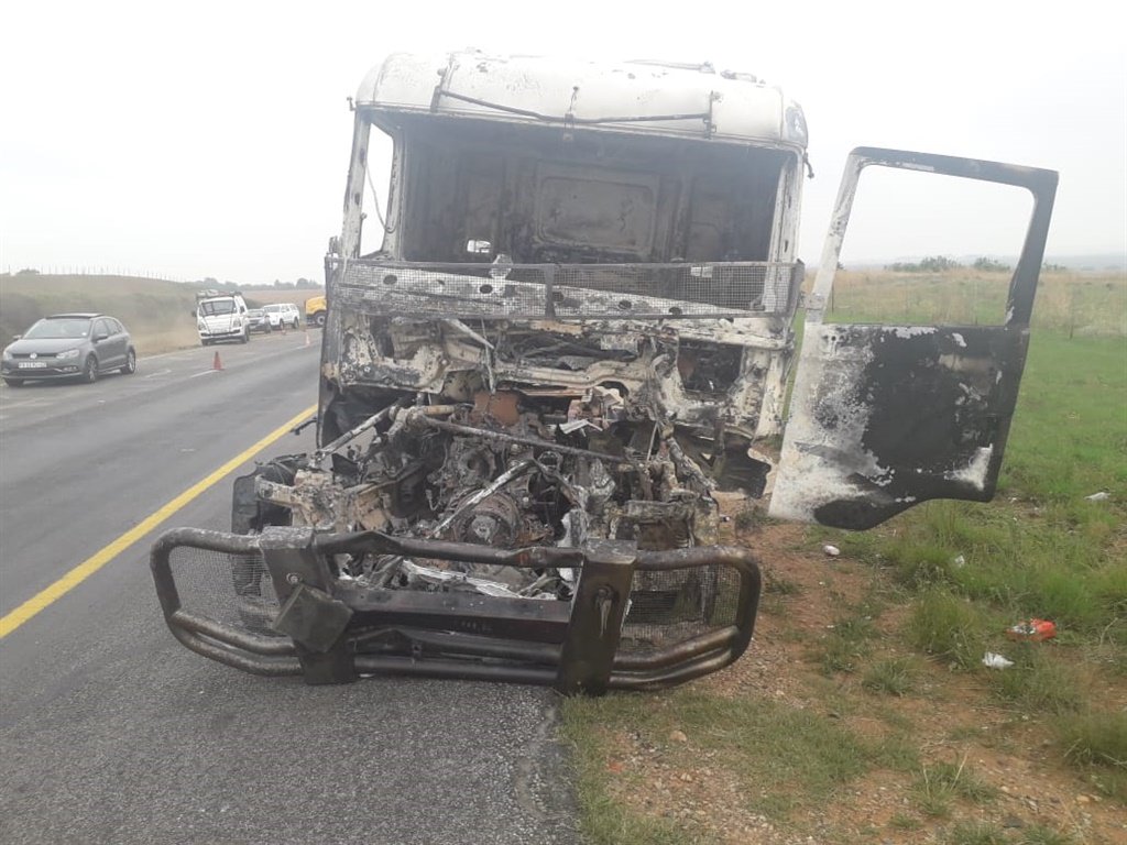 Remnants of a burnt truck along the N3   freeway near Heidelberg