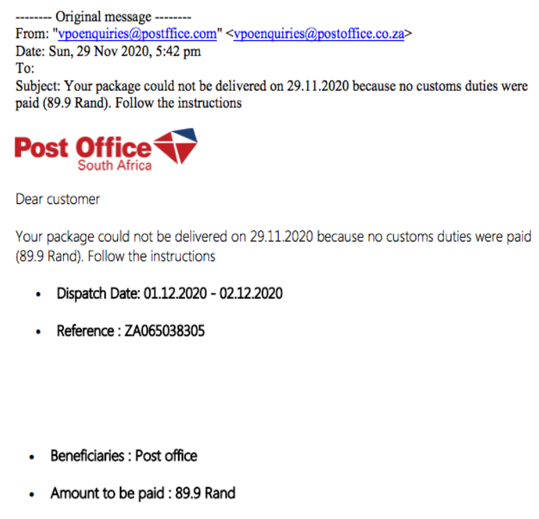 南非邮政局警告防范“包裹”诈骗