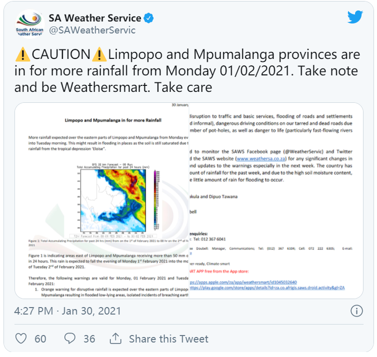 南非气象部门警告豪登省、林波波省和普马兰加省将有更多强降雨