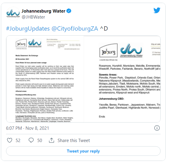 约堡市计划大规模停水,以下是受影响地区