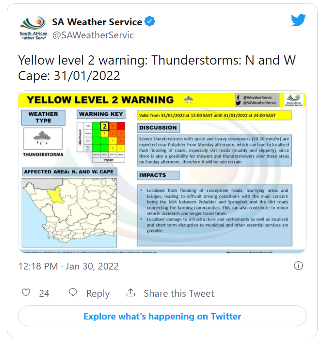 西开普省发出雷暴二级天气警告