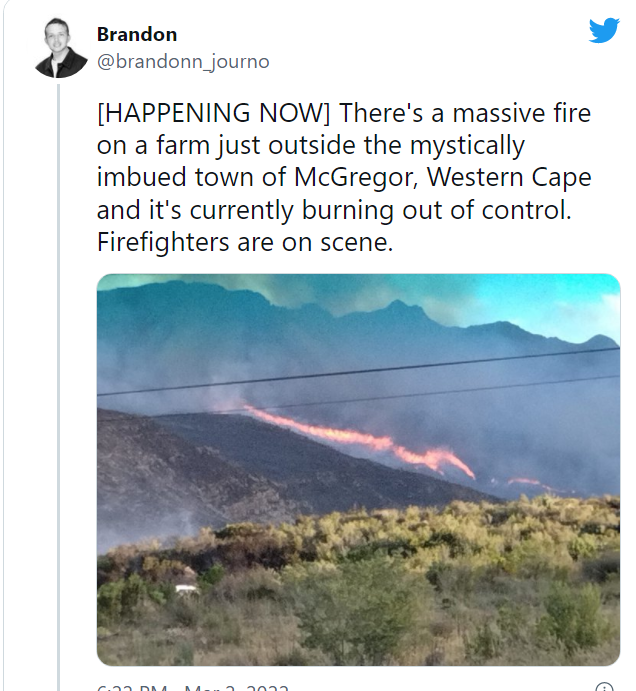 西开普大火:麦格雷戈附近农场的大火已被控制