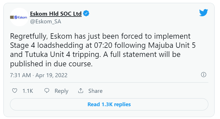 雨水加深影响!Eskom宣布四级限电