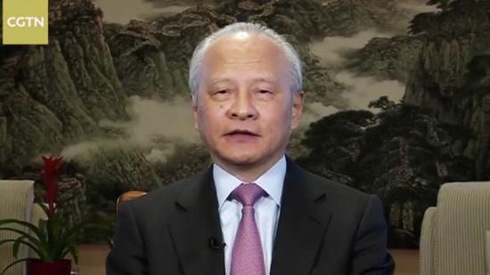 ▲中国驻美大使崔天凯接受CGTN专访。