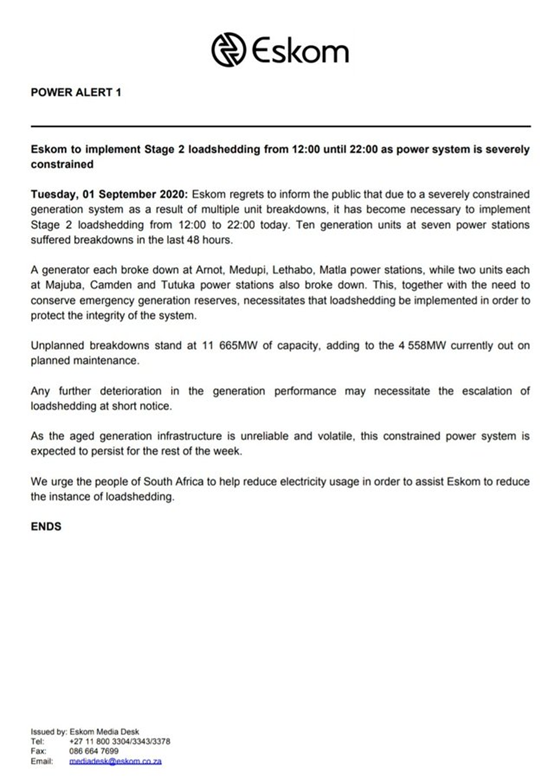 南非电力公司Eskom将于今日实施第二阶段减载
