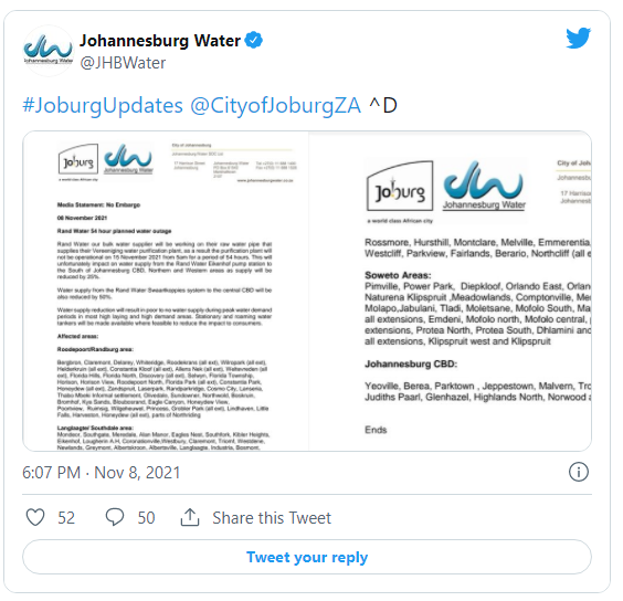约堡市计划大规模停水，以下是受影响地区